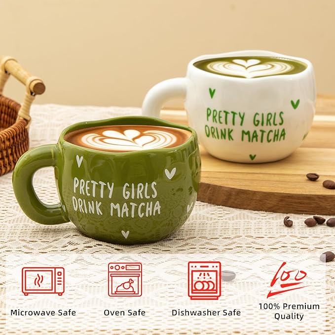 4pcs Cute Ceramic Coffee Mug, 9.4OZ White Green Porcelain Tea Mugs, Ceramic Cup Sets for Matcha Lovers, Dishwasher & Microwave Safe, Christmas Gift(Matcha)