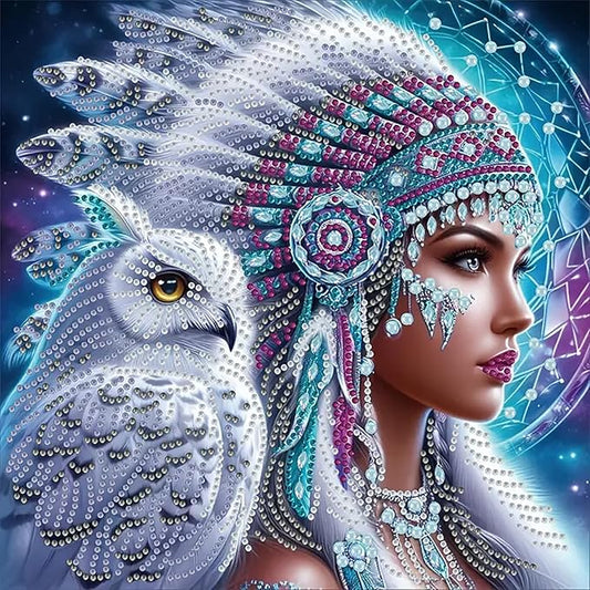 Acelii 5D Diamond Art Kits for Adults Beginners,Indian Young Woman and Owl DIY Full Round Drill Diamond Painting Kits,Rose Paint by Diamonds Dots Gem Art Easy,Home Wall Decor 14X14 Inch