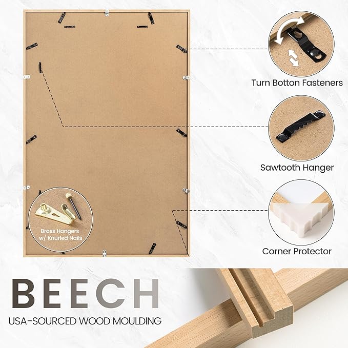 24x30 Poster Frame, USA-Sourced Natural Beech Wood Picture Collage Frame with HD Tempered Glass, Modern Simple 24 x 30 Wooden Photo Frame Matted to 18x24, Vertical & Horizontal Wall Hanging Display