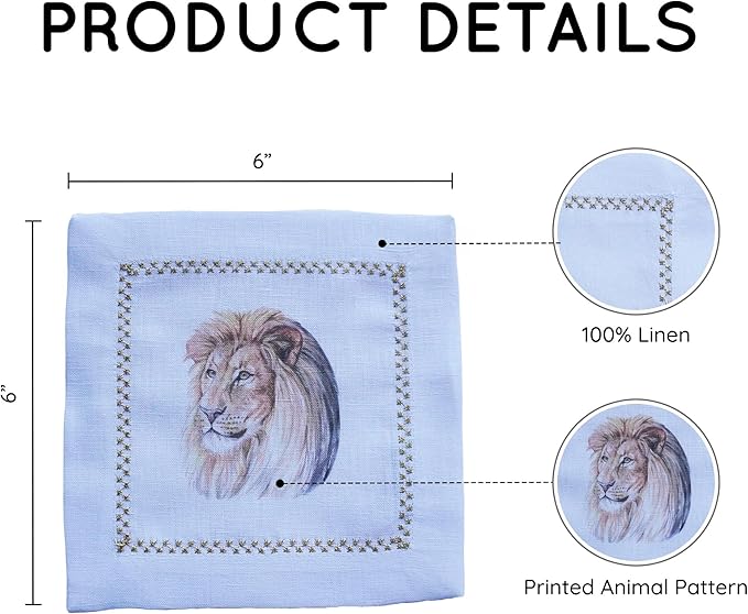 Cocktail Napkins Set of 6, 6x6 inch, 100% Linen, Printed Animal Pattern, Reusable & Washable Cloth Coasters for Beverages, Hosting, Gifting & Everyday Use (Lion)