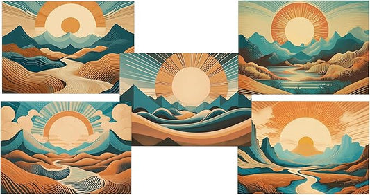 Abstract Southwestern Landscape Greeting Cards - Set of 10 All Occasion 5 x 7 Note Cards with Envelopes. Blank Inside. Modern Watercolor Designs of Desert, River and Mountains with Setting Sun