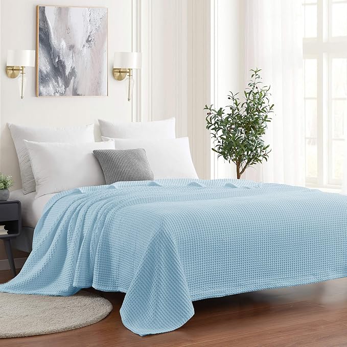 Sweet Home Collection 100% Fine Cotton Blanket Luxurious Weave Stylish Design Soft and Comfortable All Season Warmth, King, Waffle Weave Pearl Blue