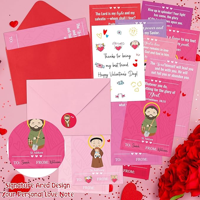 TICIAGA 144pcs Valentine's Day Catholic Church Greeting Card with Envelop for Kids, Religious Character Sticker Bible Notecard Exchange Gift for Boy Girl Sunday School Christian Classroom Party Favor