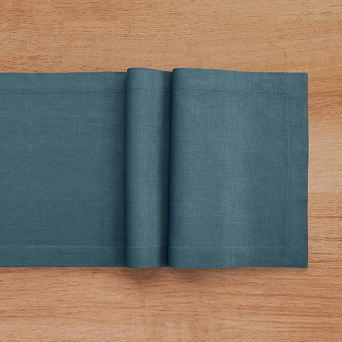 Solino Home Linen Table Runner 72 Inches Long - 100% Pure Linen Peacock Blue Table Runner 14 x 72 Inch for Winter - Fete