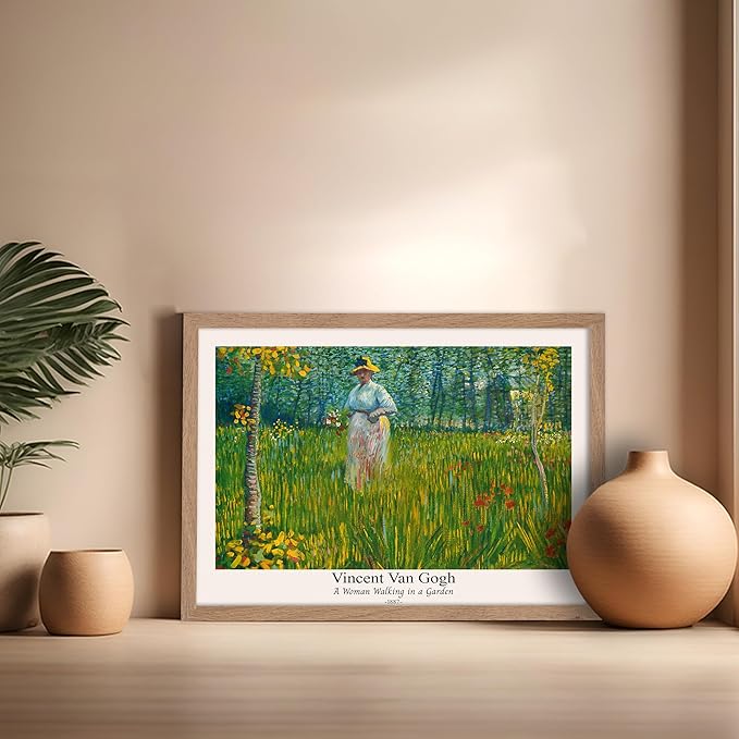 Monem Art Vintage Van Gogh Poster - Retro A Woman Walking In A Garden Print - Impressionism Art - Fine Art - Classic Painting Art - Floral Art - Bedroom or Office Decor - 16x20 Beige Framed