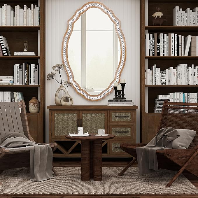24x35 Inches Wooden Farmhouse Oval Mirror for Wall Decor, Living Room, Bedroom, Bathroom Rustic Decorative Mirrors for Entryway - Vertical or Horizontal Hanging