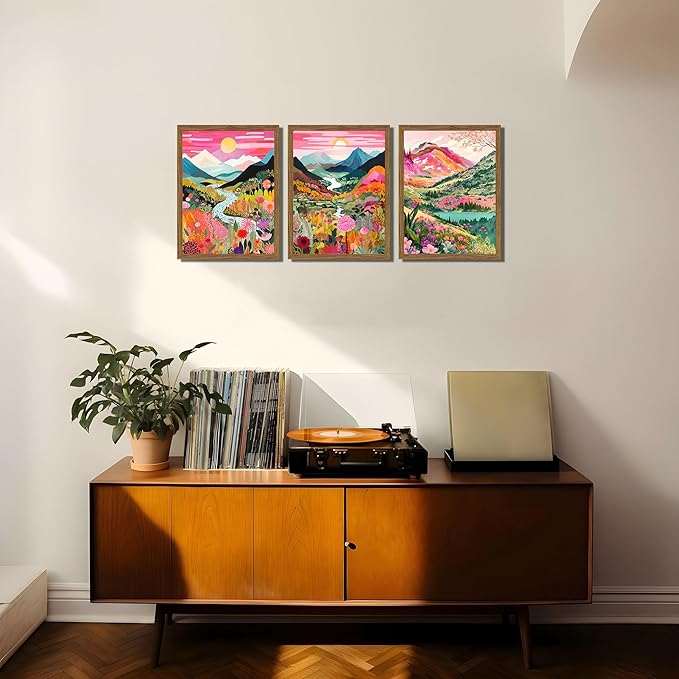 Boho Colorful Mountain Wall Art Set of 3, Abstract Watercolor Landscape Flower Wall Decor Paintings, Modern Nature Sunset Forest Posters Prints for Living Room, Bedroom 12x16 Inch Wood Framed
