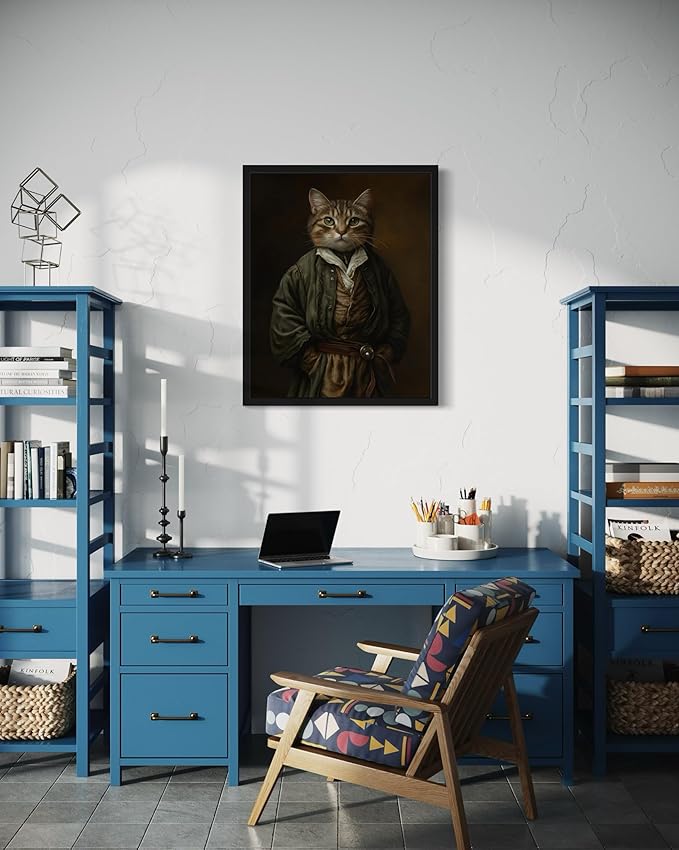 Hobbit Portrait Art Poster Print, Cat Kitten Painting Humor Portrait Pet Artwork Decor Gallery A8 (Hobbit, 16 x 20 inches, Black Frame)