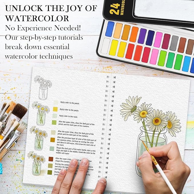 3Pcs Watercolor Workbook Paint Book Beginner Friendly Painting Kit, 36 Pages Workbooks with 24 Paint Colors & Brush for Beginners, Stress-Relieving Gift for Women Adults (Bird&Flower&Kitchen)