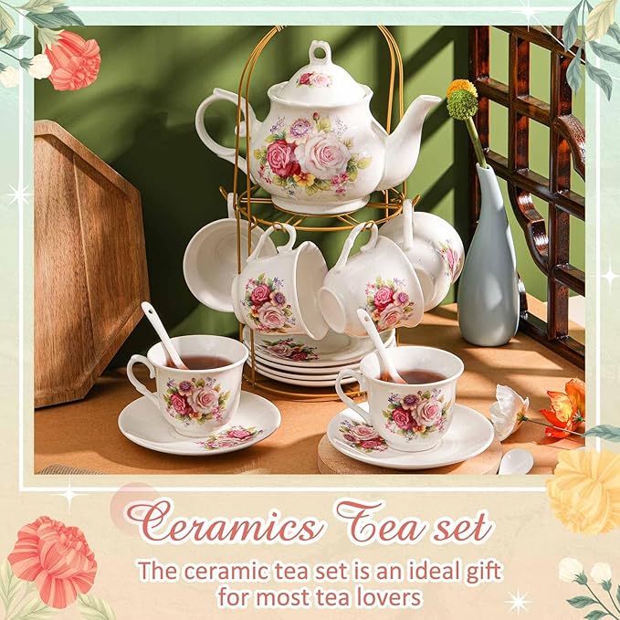 Zhehao 20 Pcs Porcelain Tea Set with Metal Holder and Spoon Adult Ceramic Tea Set European Flower Painting Teapot Cup Saucer Spoon for Women, Large Version(Modern Style)