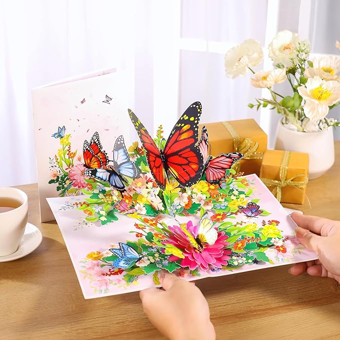 Butterflies Pop Up Birthday Card For Women&Wife, Beautiful Flowers, Ideal Gift for Birthday, Mothers Day, Thank You, Anniversary, Valentines, All Occasion for Women, Wife, Mom, Sister, Grandma, Her