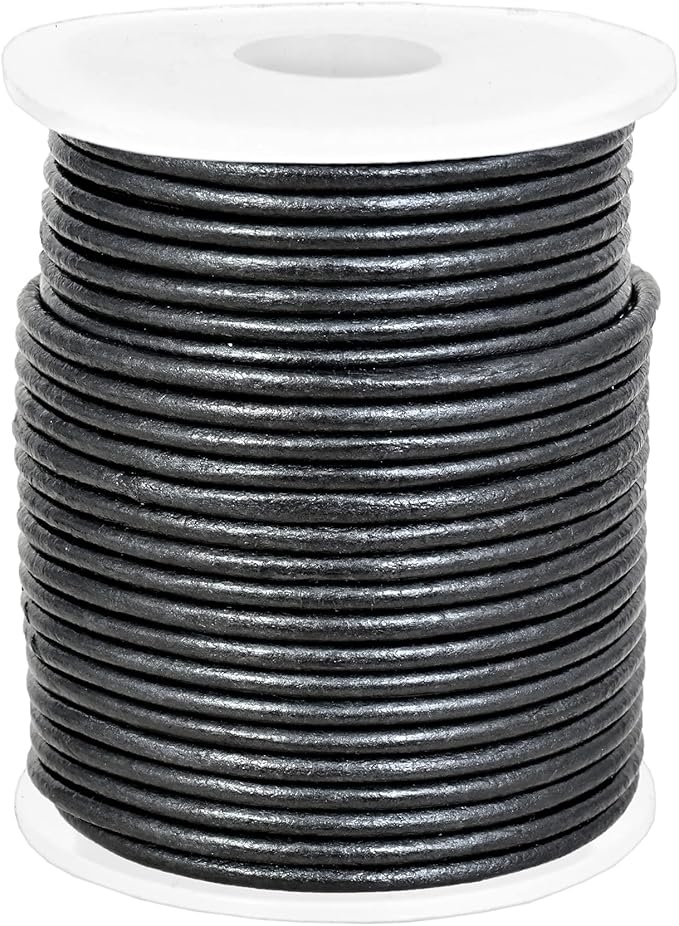 GENIQUE Real/Genuine Round Leather String Cord for Necklace, Bracelets, Jewelry, Kumihimo Braiding, DIY Projects (20 Metres) (2mm, Gunmetal Metallic)