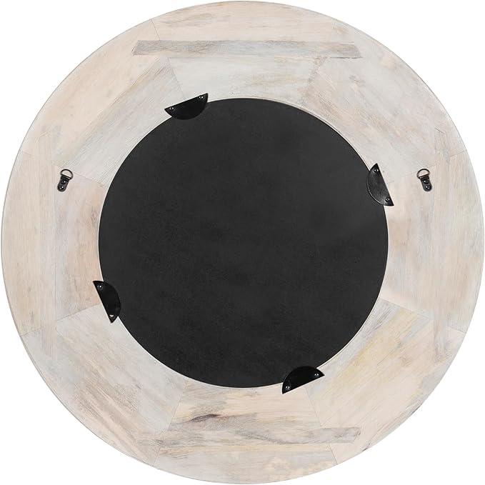 Kate and Laurel Usra Round Carved Wood Mirror, 26 Inch Diameter, Whitewash, Light Wooden Circle Mirror with Carved Indentation and Sunburst Wall Mirror Look