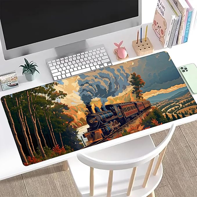 Vintage Train Gaming Mouse Pad, Office Desk Mat, Anti-Slip Rubber Base Cool Aesthetic Mouse Pads for Computer Laptop Keyboard School Home Desktop Gamer Home Accessories Decor 31.5" x 11.8"