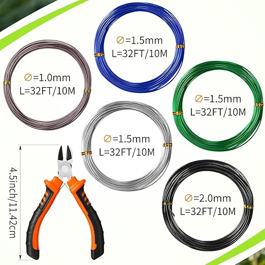 Mudder 5 Roll Aluminum Bonsai Training Wire Tree 160 Feet Total with Bonsai Wire Cutter Anodized Training for Holding Branches Small Trunks(Modern)
