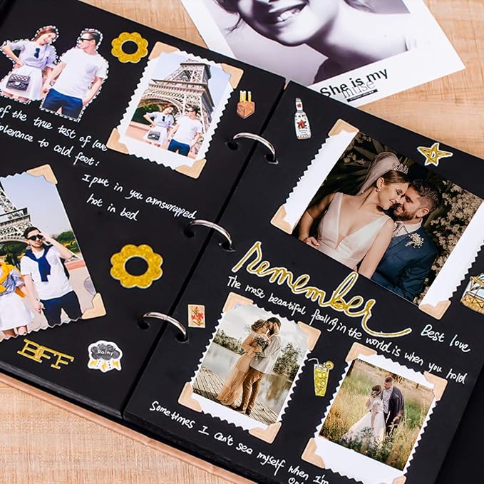Vienrose DIY Scrapbook Photo Album Kit with Pens Tapes and Stickers 60 Pages Hardcover 12x12 Inches 3 Rings Removable Black Paper Scrapbooking for Lover Friends Kids Wedding Black