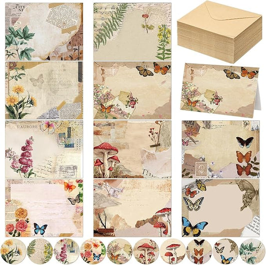 100 Pcs Nature Vintage Design Blank Greeting Cards 4x6, Rustic Butterfly Blank Cards, 10 Designs, Great Stationary Set for All Occasions with Matching Rustic Envelopes and Stickers