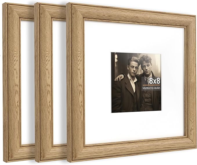 Heimlove 8x8 Picture Frame,8 x 8 Solid White Oak Square Photo Frame with Tempered Glass,8"x8" Handcrafted Wood Frame Matted to 4x4 Photos for Wall or Tabletop Art Photo and Prints,3 Pack