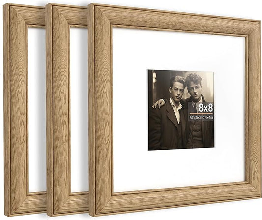 Heimlove 8x8 Picture Frame,8 x 8 Solid White Oak Square Photo Frame with Tempered Glass,8"x8" Handcrafted Wood Frame Matted to 4x4 Photos for Wall or Tabletop Art Photo and Prints,3 Pack