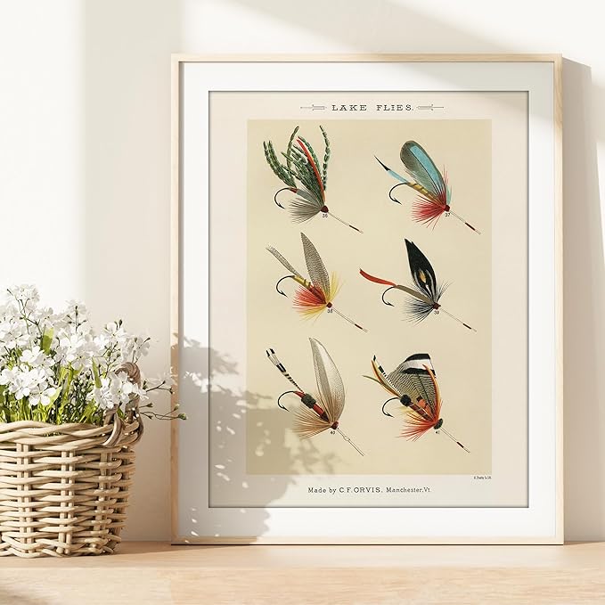 DREAM BIG PRINTABLES Vintage Fly Fishing Decor (Set of 4) - Unframed - 11x14 | Great Gift for Fisherman - Reproductions of Vintage Fishing Lure Art Prints - Rustic Decor