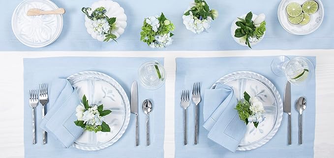 Solino Home Linen Sky Blue Table Runner 120 Inches Long - 100% Pure Linen Hemstitch 14 x 120 Inch Table Runner for Dining, Spring, Easter - Classic Hemstitch
