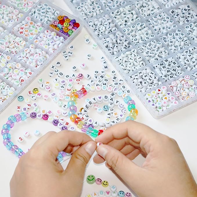2Box 2500Pcs+ Alphabet Letter Beads, 4x7 mm A-Z and Smile, Heart, Figure,Acrylic Beads, Beads for Jewelry Making, Beads for Bracelet Making Kits Beads