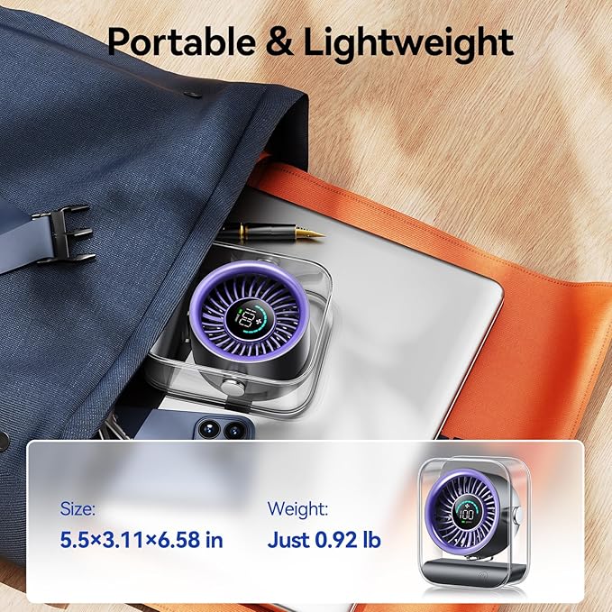 Rechargeable USB Desk Fan, Quiet Table Fan with Turbo Airflow, 100 Speeds, Digital Display, 90° Rotating, Small Battery Desktop Fans for Bedroom Home Office Travel, Purple