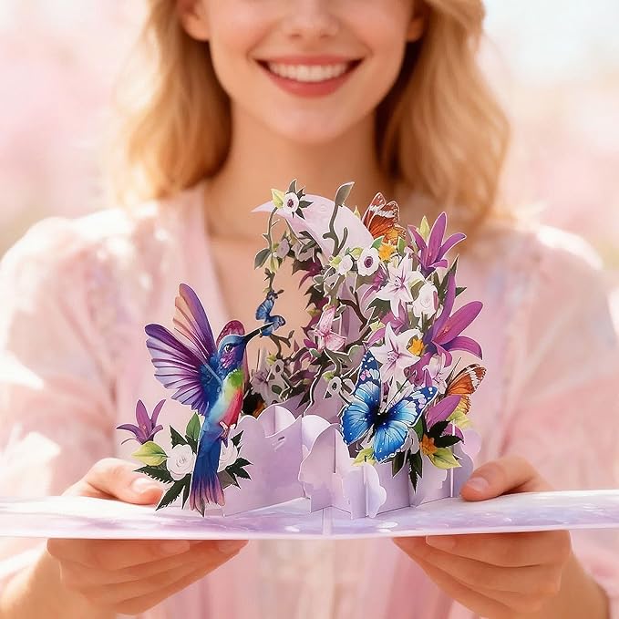 Greeting Card Hummingbird with Lilies and Butterflies 3D Pop-Up Cards Handmade Birthday Flower Gift for Women, Mom, Wife, Men 6x8 Inches Aniversary Wedding Christmas Gifts