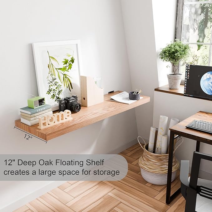 36 Inch Solid Oak Floating Shelves - Natural Wood 12 Inch Deep Wall Shelf, Rustic Display Shelf, Hanging Wall Shelf Decoration for Bedroom, Bathroom, Living Room