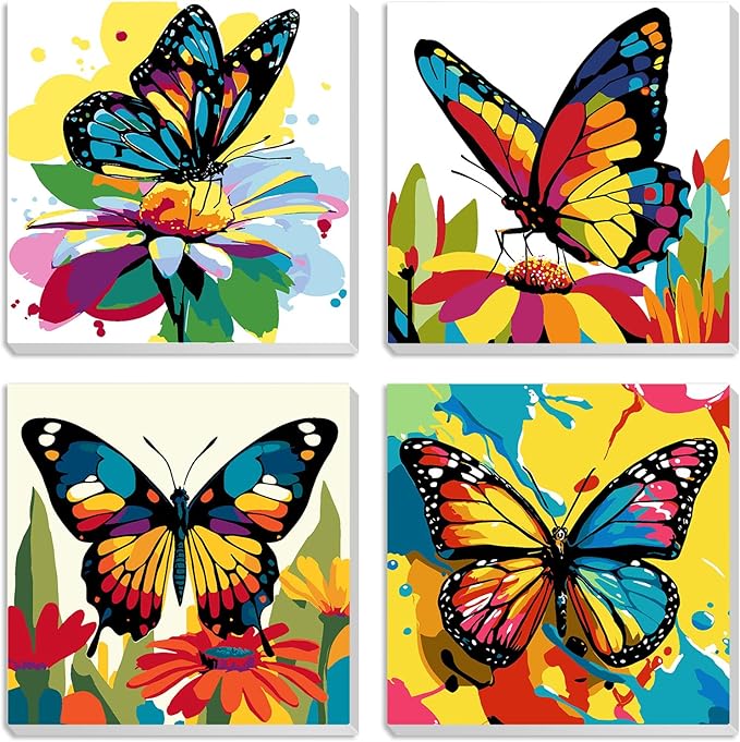 MXJSUA 4 Pack Colorful Butterflies Framed Canvas Paint by Numbers for Kids Adults, Animals Paint by Numbers Kit for Children Beginners, DIY Acrylic Painting Craft Kits for Home Wall Decor, 8x8 inch