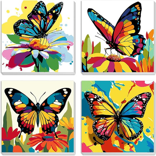 MXJSUA 4 Pack Colorful Butterflies Framed Canvas Paint by Numbers for Kids Adults, Animals Paint by Numbers Kit for Children Beginners, DIY Acrylic Painting Craft Kits for Home Wall Decor, 8x8 inch