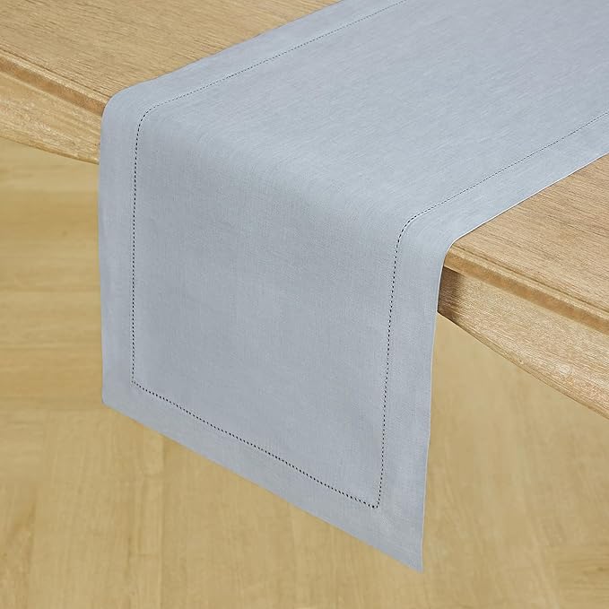 Solino Home Linen Table Runner 120 Inches Long - 100% Pure Linen Dusty Blue Table Runner 14 x 120 Inch for Winter, Spring, Easter - Classic Hemstitch