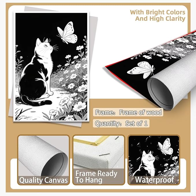 Cats Butterflies in Flowers Canvas Poster Vintage Minimalist Nature Wall Art Trendy Black White Aesthetic Painting Prints Modern Animal Home Decor for Bedroom Living Room 12x16inch Framed