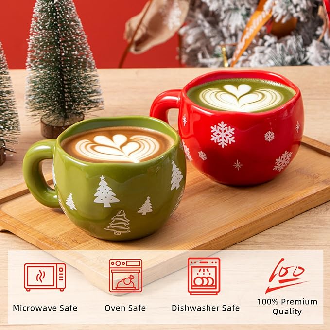 4pcs Cute Ceramic Coffee Mug, 9.4OZ Handmade Porcelain Tea Mugs, Ceramic Cup Sets for Matcha, Dishwasher & Microwave Safe, Christmas Gift(Christmas Tree)