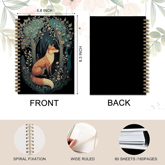 Vintage Moody Fox Notebook, Dark Cottagecore Flower Aesthetic Journal, Fox Gifts for Women men, Animal Lover Gifts, Mystical Forest Foxes Animal Spiral Journal Notebook, 5.5x8.3 Inch