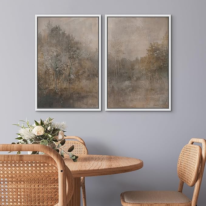 SIGNWIN Framed Canvas Print Wall Art Set Misty Forest Landscape Neutral Woodland Nature Illustrations Modern Art Scenic Colorful for Living Room, Bedroom, Office - 16"x24"x2 White