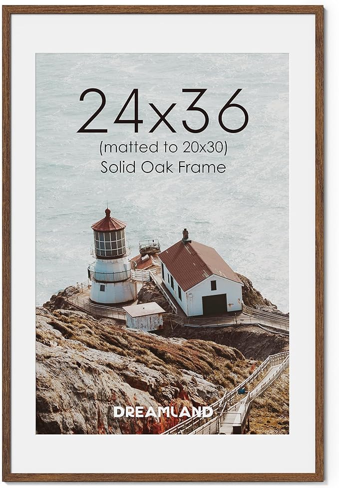 Dreamland Natural Oak Wood Picture Frame 24x36, Wooden Poster Frame with Mat for 20x30, 24 x 36 Matted Picture Frames with Tempered Real Glass for Wall Art Photo and Prints, Walnut Color, Set of 1