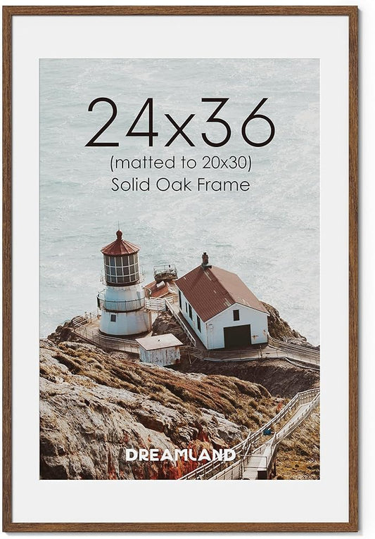 Dreamland Natural Oak Wood Picture Frame 24x36, Wooden Poster Frame with Mat for 20x30, 24 x 36 Matted Picture Frames with Tempered Real Glass for Wall Art Photo and Prints, Walnut Color, Set of 1