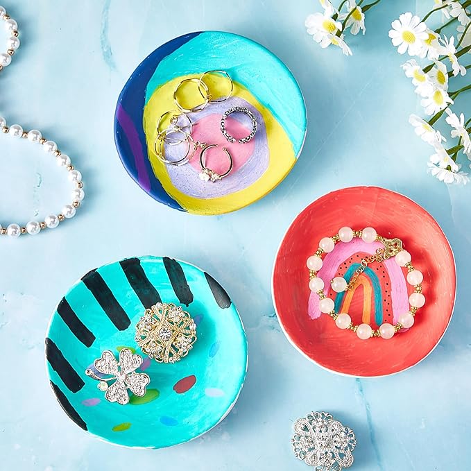 Kolldenn 8 Sets Jewelry Dish Making Kit DIY Paint Your Own Ceramic Arts and Crafts Kit Make Your Own Jewelry Bowls Gifts for Birthday Gift Ideas (Round Plate)
