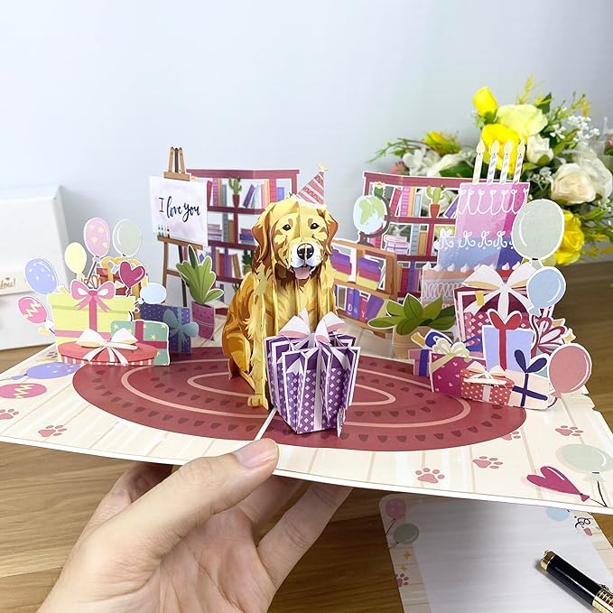 Golden Retriever 3D Pop Up Birthday Card – Cute Dog Card with Envelope, Puppy Gift for Dog Lovers, Women – Funny Pet Lover Birthday Greeting Card