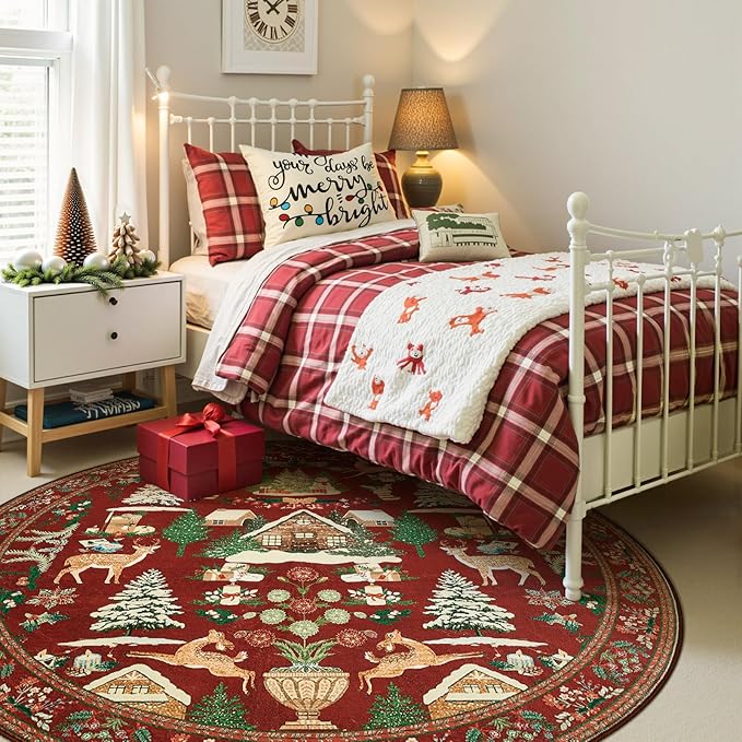 jinchan Round Christmas Rug for Living Room 6ft Maroon Circle Holiday Rug for Bedroom Printed Christmas Tree and Cabin 6' Winter Xmas Decor Washable Indoor Carpet for Dining Room Foyer Non-Slip