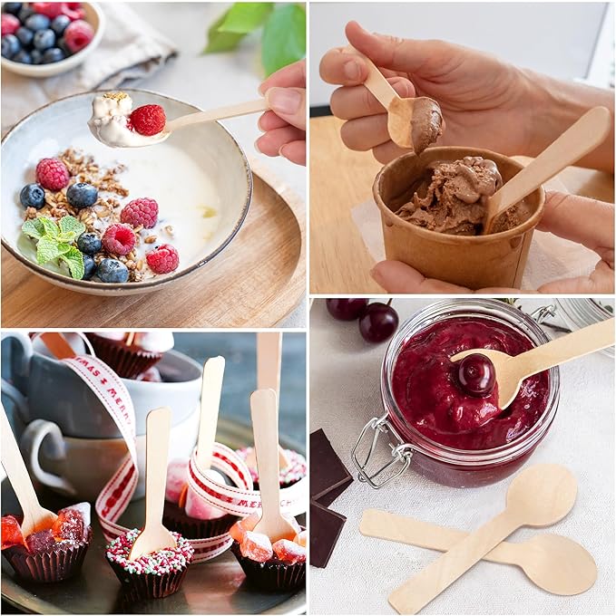 LotFancy Mini Wooden Spoons, Pack of 100, 4 inch Length, Disposable Tasting Sampling Spoons, Biodegradable Compostable Eco-friendly Birchwood Taster Spoons