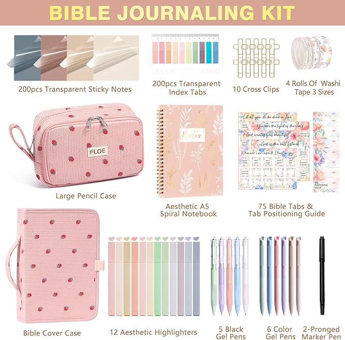 Bible Study Supplies Journaling Kit for Women with Bible Cover Case, Christmas Christian Gifts for Women, Bible Study Tools Accessories Set with Highlighters Pens, Pencil Case Notebook Annotation Kit