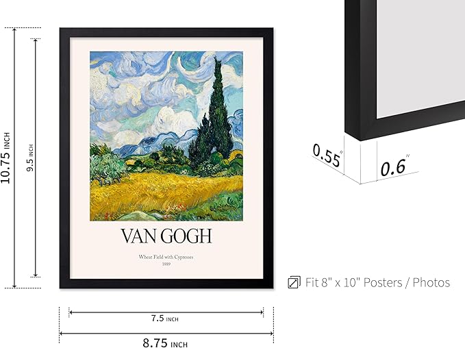 Monem Art Vintage Van Gogh Poster - Retro Impressionist Print - Wheat Field With Cypresses, Trees, Sky, Landscape - Gift for Artist, Friend - Wall Decor for Home, Office, 8x10 Black Framed