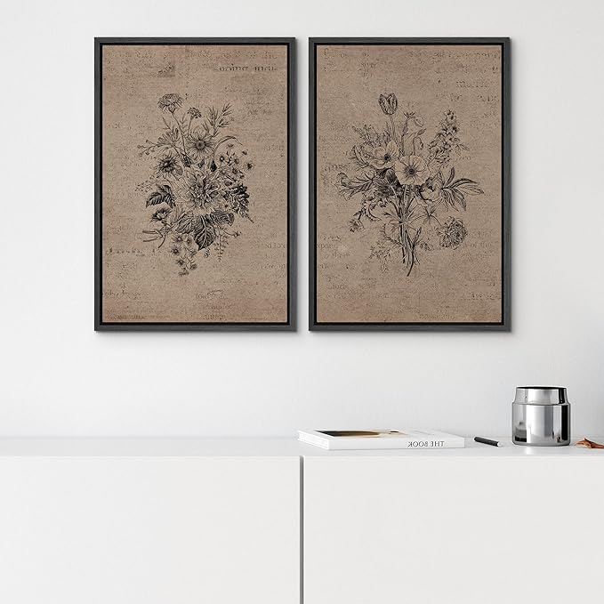 SIGNWIN Framed Canvas Print Wall Art Set Antique Floral Bouquets Vintage Engraved Flowers Modern Minimalism Decorative Nordic for Living Room, Bedroom, Office - 24"x36"x2 Black