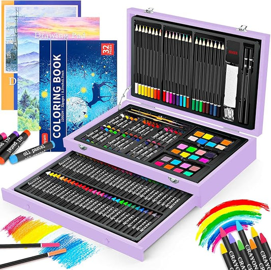 iBayam Stocking Stuffers for Kids Teens Adults, Birthday Party Art Supplies, Christmas Gifts for Teenagers, 150-Pack Wooden Art Set Crafts Drawing Painting Kit with 1 Coloring Book, 2 Sketch Pads