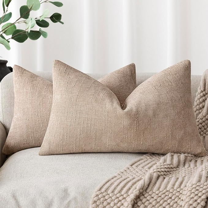 Foindtower Set of 2 Textured Chenille Throw Decorative Pillow Covers Square Accent Solid Cushion Cover Neutral Farmhouse Lumbar Pillow Case for Couch Sofa Bedroom Living Room 12x24 Inch,Cream Camel