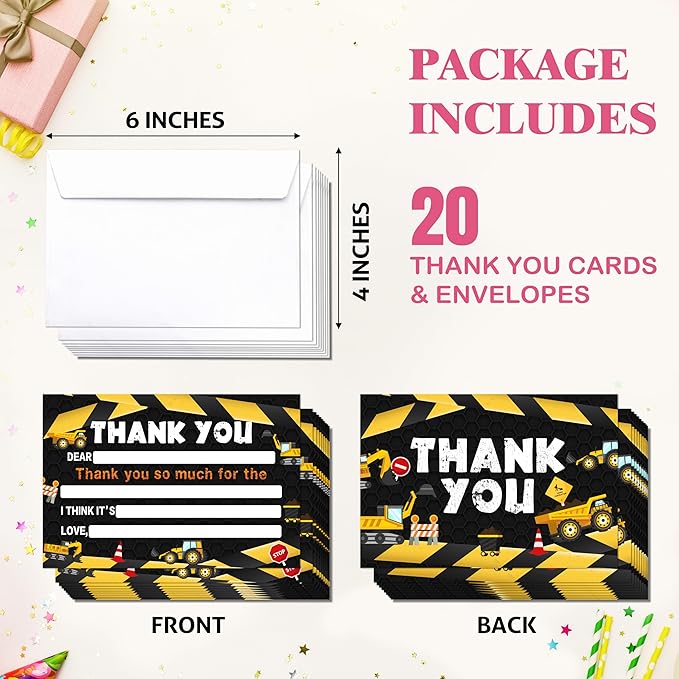 Construction Kids Thank You Cards, Excavator Crane Thank You Card For Birthday Party, Kids Birthday Cards Fill In The Blank, 20 Pack Greeting Cards With Envelopes For Boys And Girls, 012
