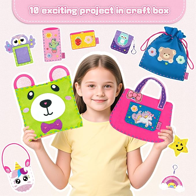 Sewing Kit for Kids Beginner, 10 Easy DIY Projects of Stuffed Animal Dolls & Purse Handbags, Learn to Sew with Felt Embroidery Craft, Arts & Crafts Gift for Girls & Boys Ages 6-12