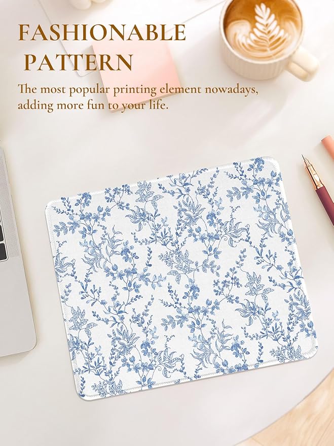 Elegant Blue Flowers Mouse Pad, Waterproof Aesthetics Floral Mouse Pads Design, Non-Slip Rubber Base Computer Simple Funny Mousepad,Small Mouse Mat Desk Accessories Office Supplies